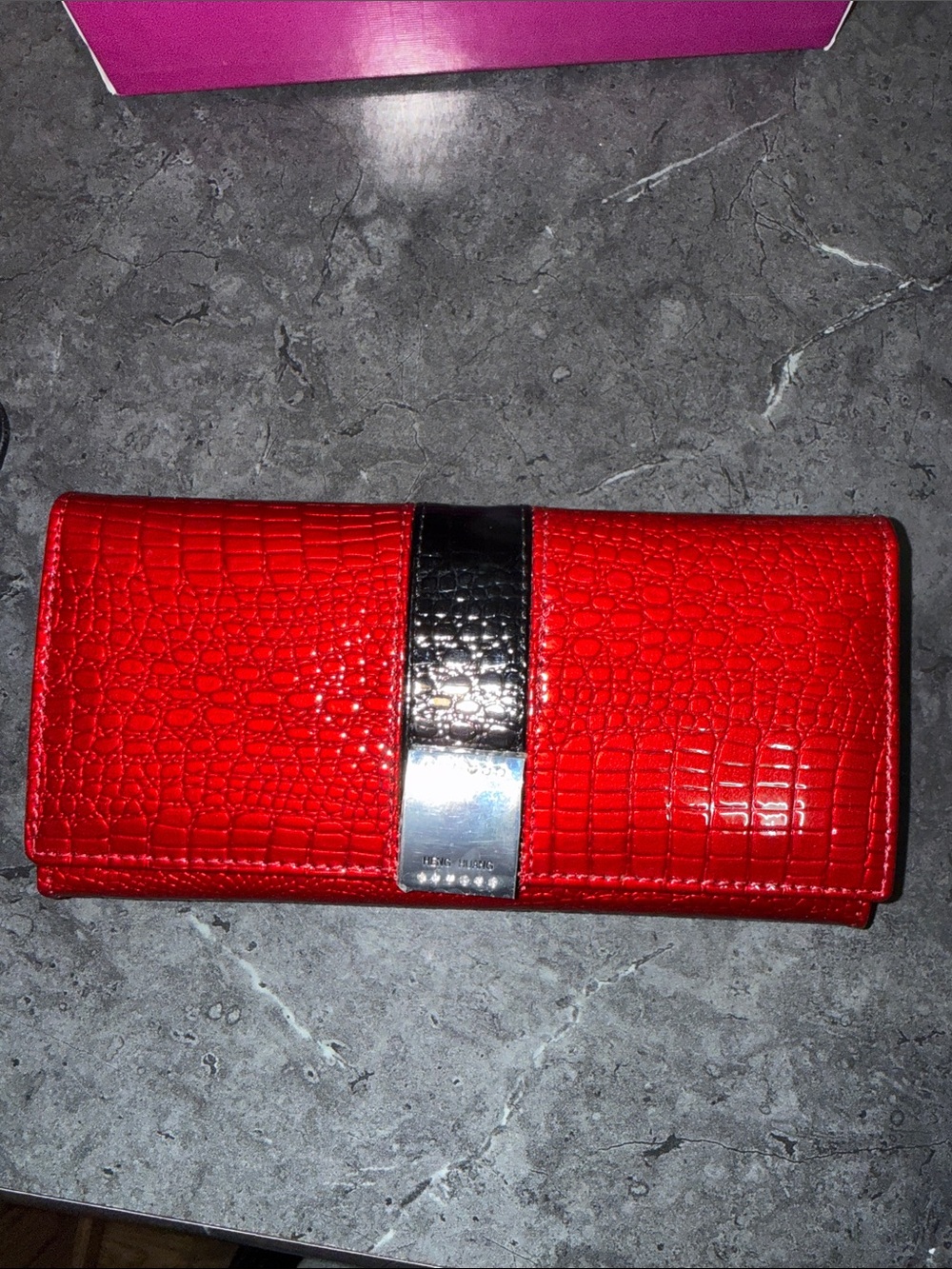 Croc-Embossed Red Women's Wallet with Silver Accent